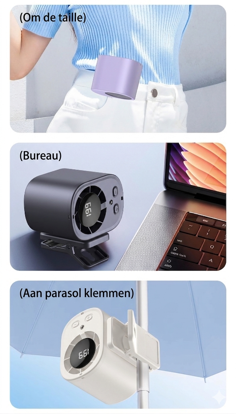 Draagbare koelventilator voor buiten π¬οΈβ¨: met handige heupclip π, nekhanger πΏ en comfortabele handgreep β.