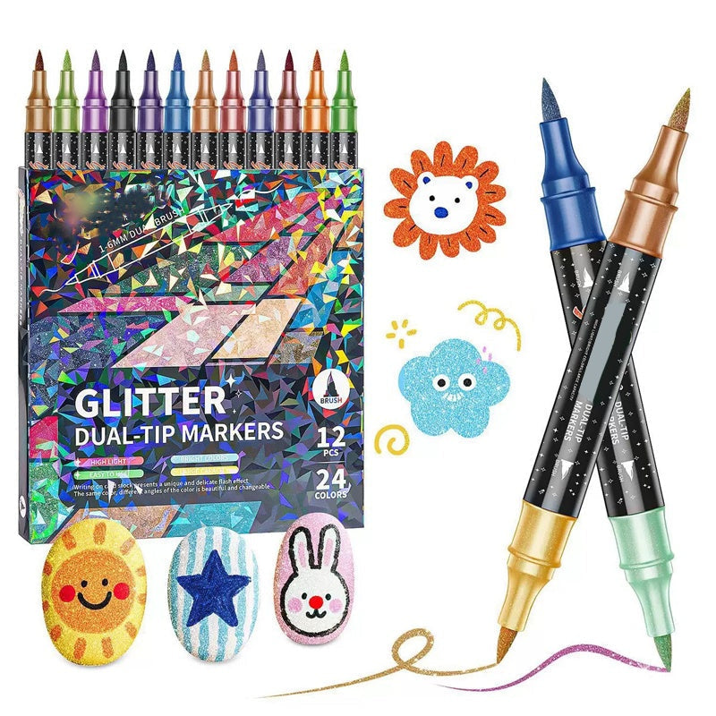 ✨ 24 dubbelzijdige glittermarkers | Laat je kunstwerken stralen 🎨