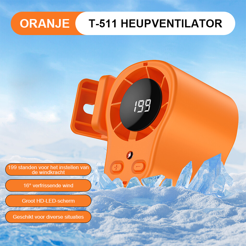 Draagbare koelventilator voor buiten 🌬️✨: met handige heupclip 👖, nekhanger 📿 en comfortabele handgreep ✊.