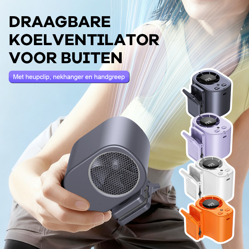 Draagbare koelventilator voor buiten 🌬️✨: met handige heupclip 👖, nekhanger 📿 en comfortabele handgreep ✊.