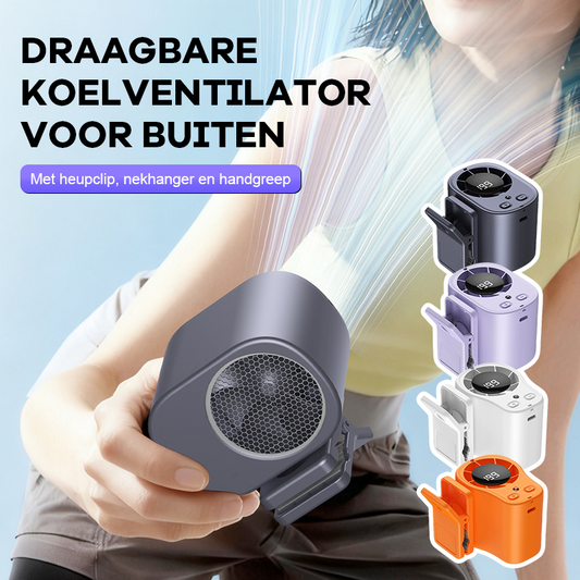 Draagbare koelventilator voor buiten 🌬️✨: met handige heupclip 👖, nekhanger 📿 en comfortabele handgreep ✊.
