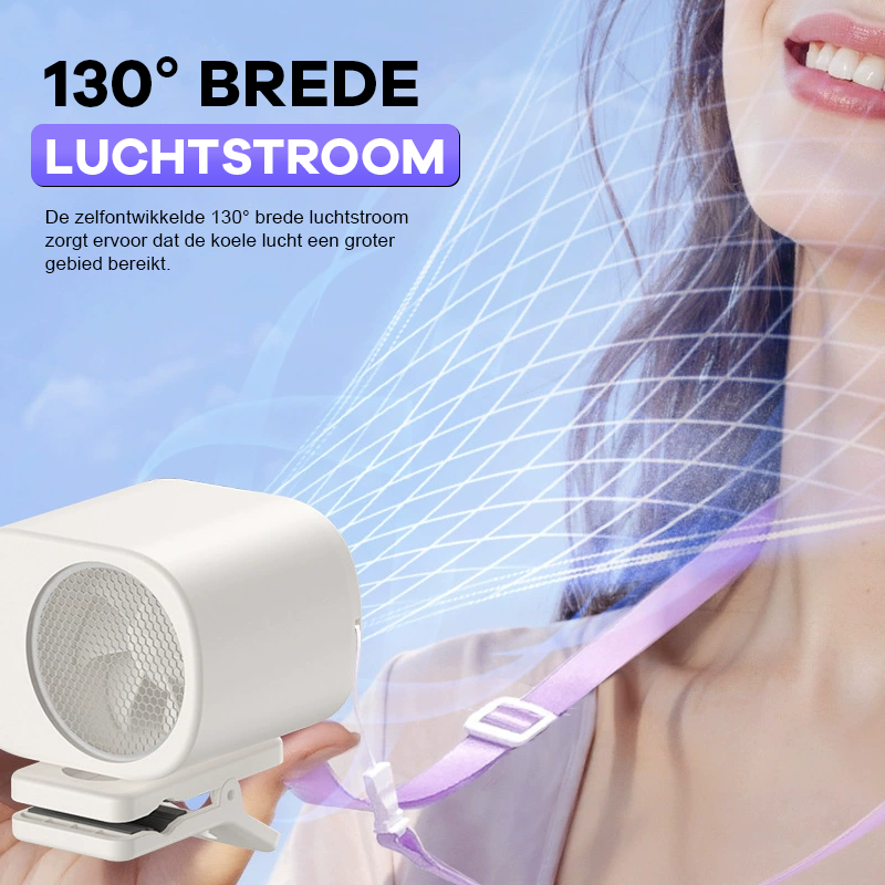 Draagbare koelventilator voor buiten 🌬️✨: met handige heupclip 👖, nekhanger 📿 en comfortabele handgreep ✊.
