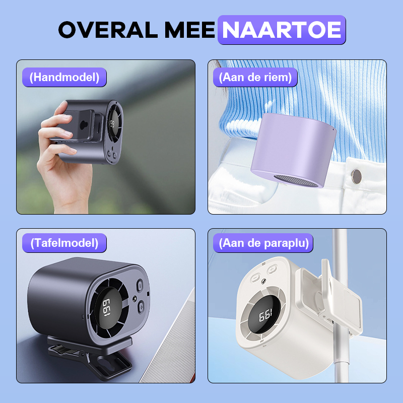 Draagbare koelventilator voor buiten 🌬️✨: met handige heupclip 👖, nekhanger 📿 en comfortabele handgreep ✊.