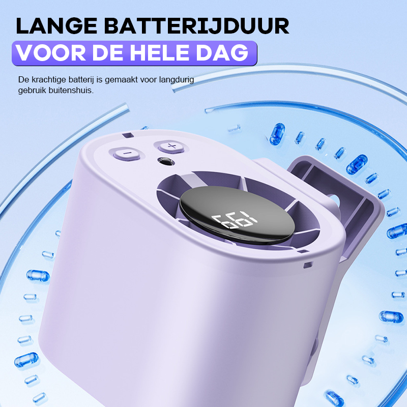 Draagbare koelventilator voor buiten 🌬️✨: met handige heupclip 👖, nekhanger 📿 en comfortabele handgreep ✊.