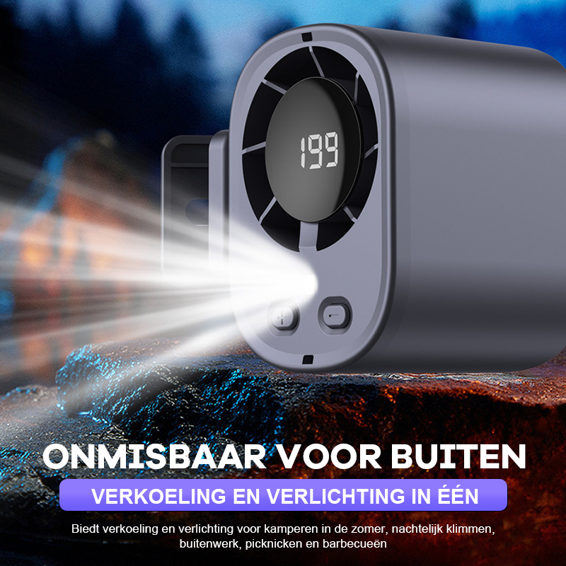 Draagbare koelventilator voor buiten 🌬️✨: met handige heupclip 👖, nekhanger 📿 en comfortabele handgreep ✊.