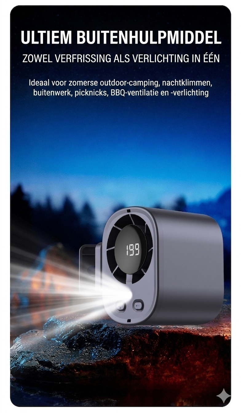 Draagbare koelventilator voor buiten 🌬️✨: met handige heupclip 👖, nekhanger 📿 en comfortabele handgreep ✊.